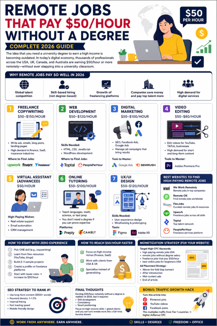 💼 Remote Jobs That Pay $50/hour Without a Degree (Complete 2026 Guide)